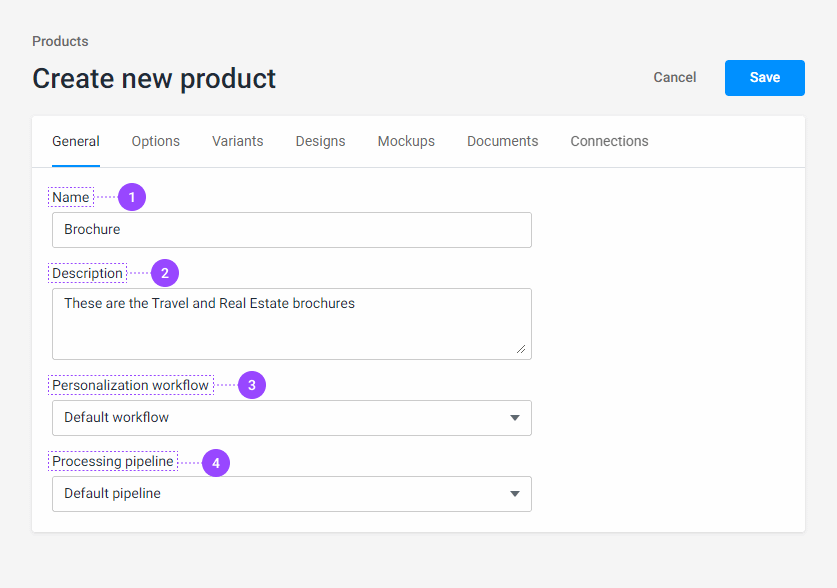 The general tab of a product.