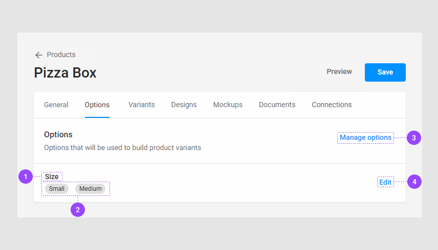 The option tab with options and their values.