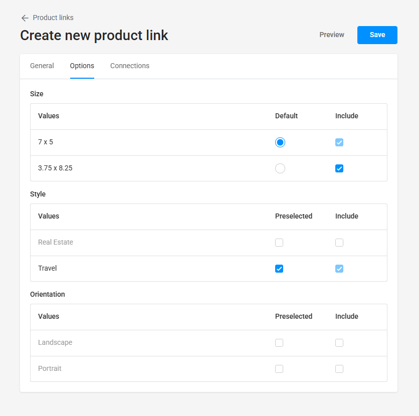 Configuring options for a product link.