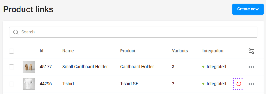 A warning sign at a product link.