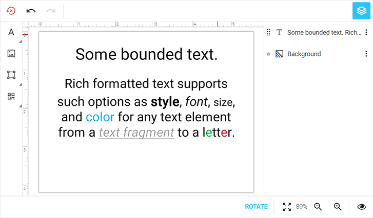 Rich text in the web-to-print editor.