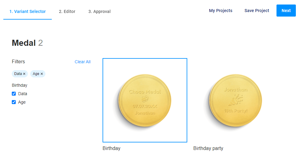 Embossed mockups at the Variant selector step.