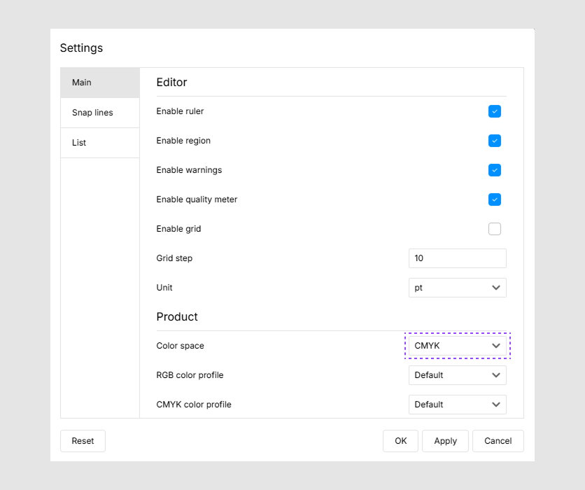 Template editor settings.
