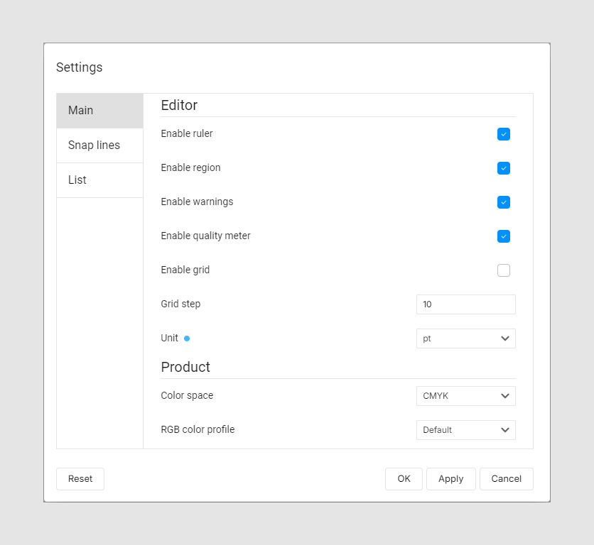 Template editor settings.